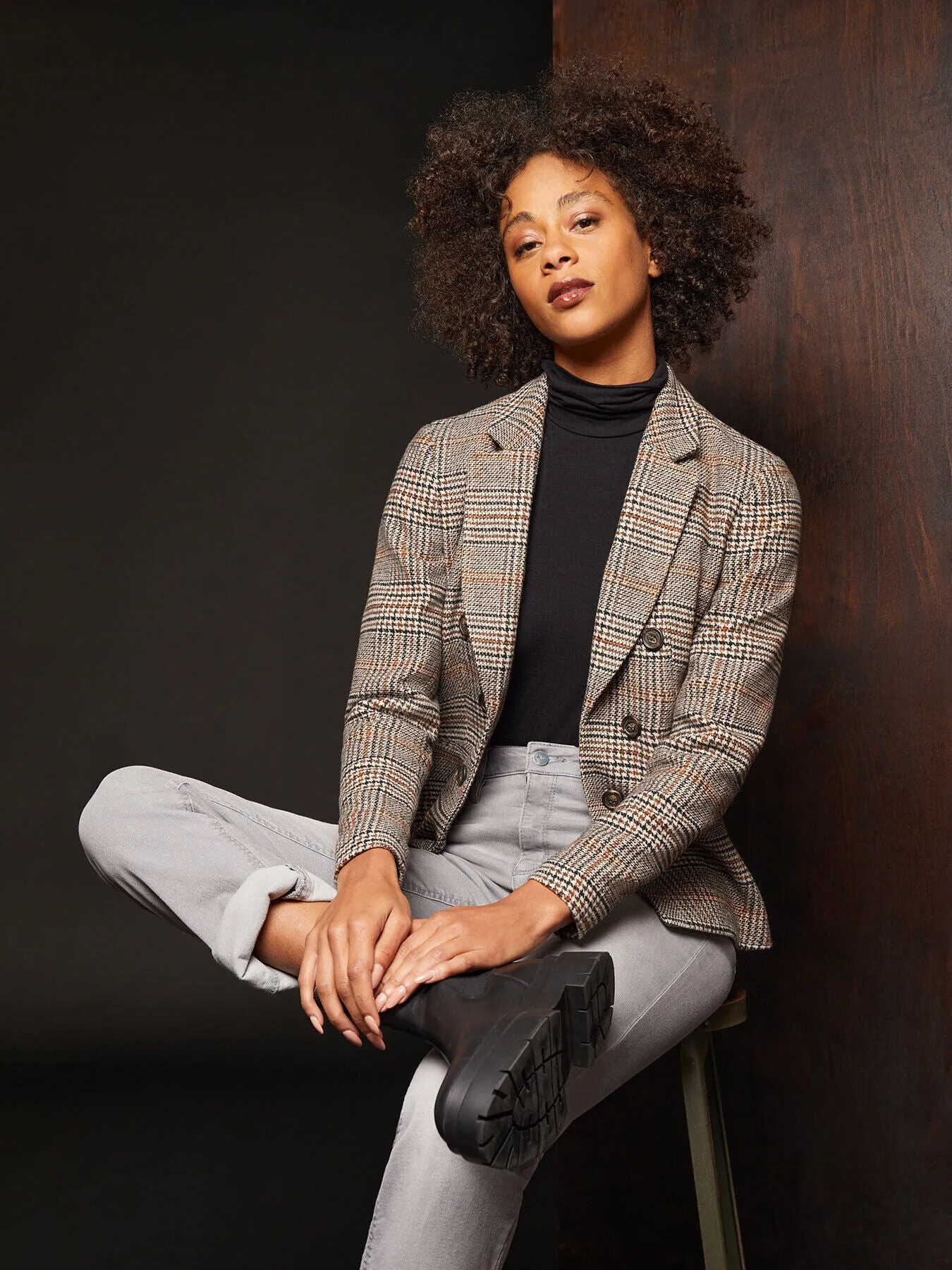 Plus Size Classic Plaid Double-Breasted Jacket