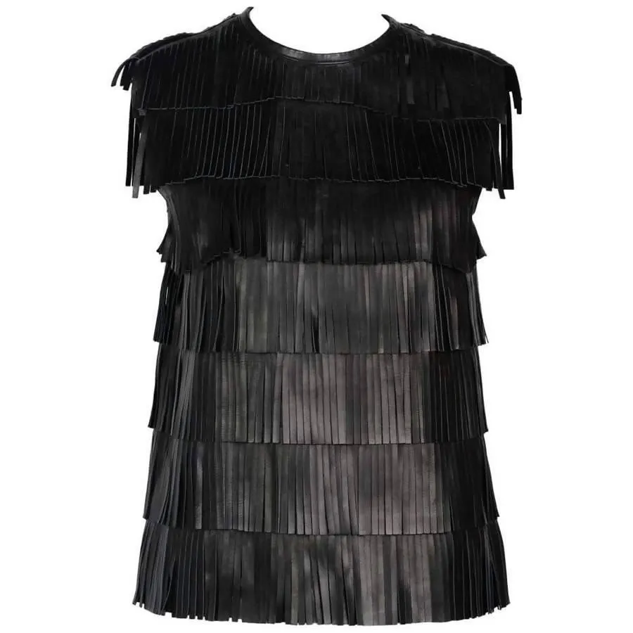 PRADA Black Leather Fringe Sleeveless Top Spring 2007 | Size S