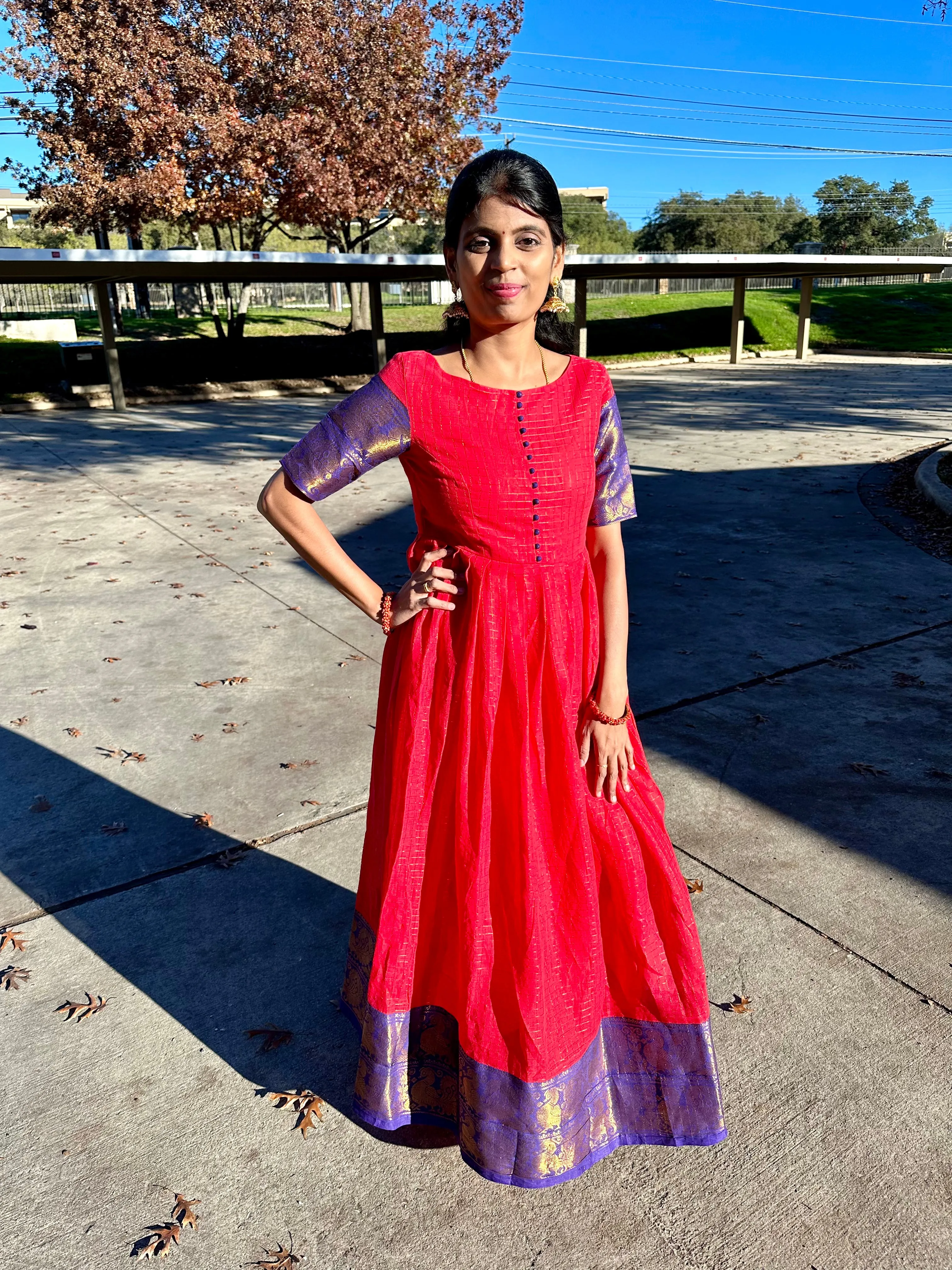 Red and Blue Sungudi frock with cotton lining