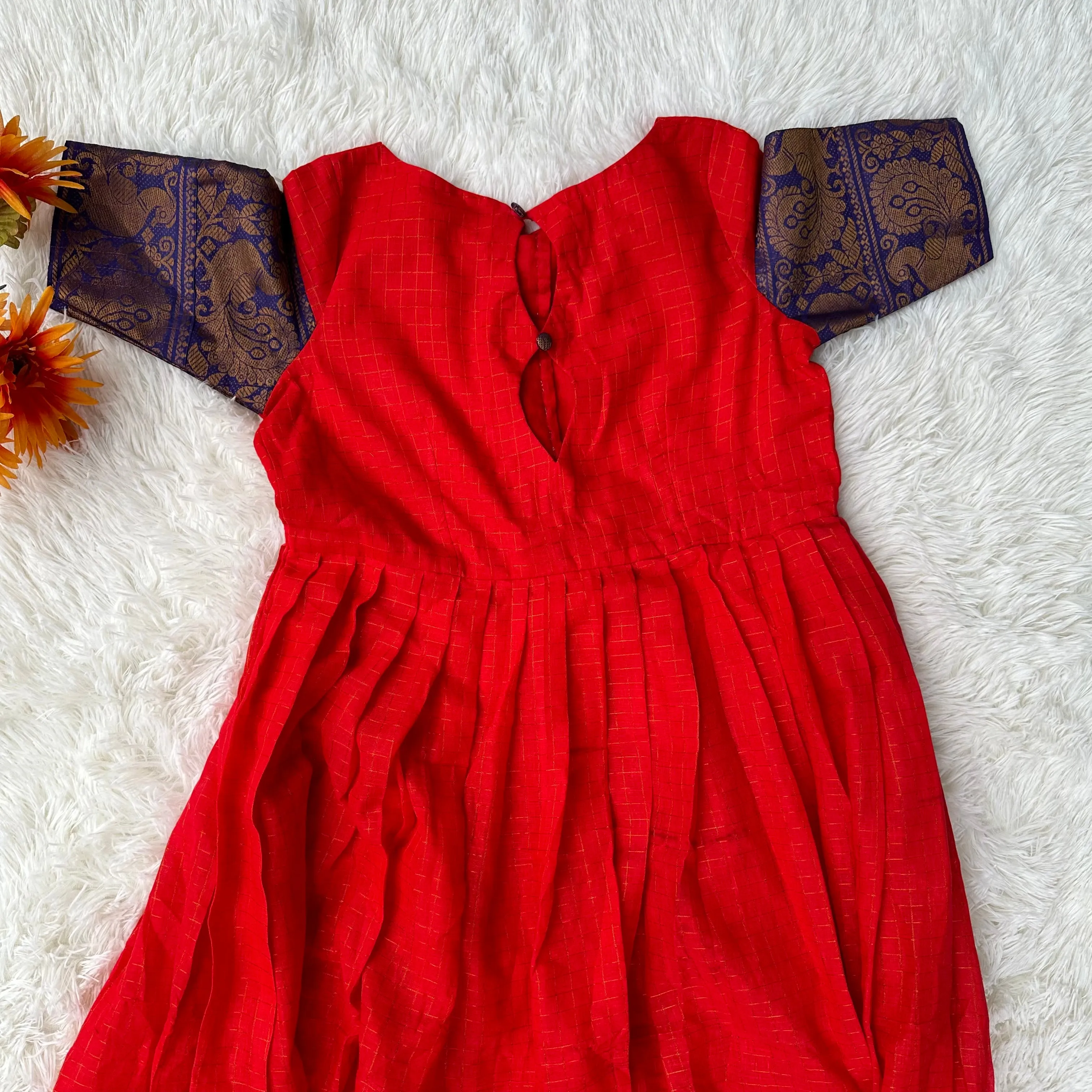 Red and Blue Sungudi frock with cotton lining