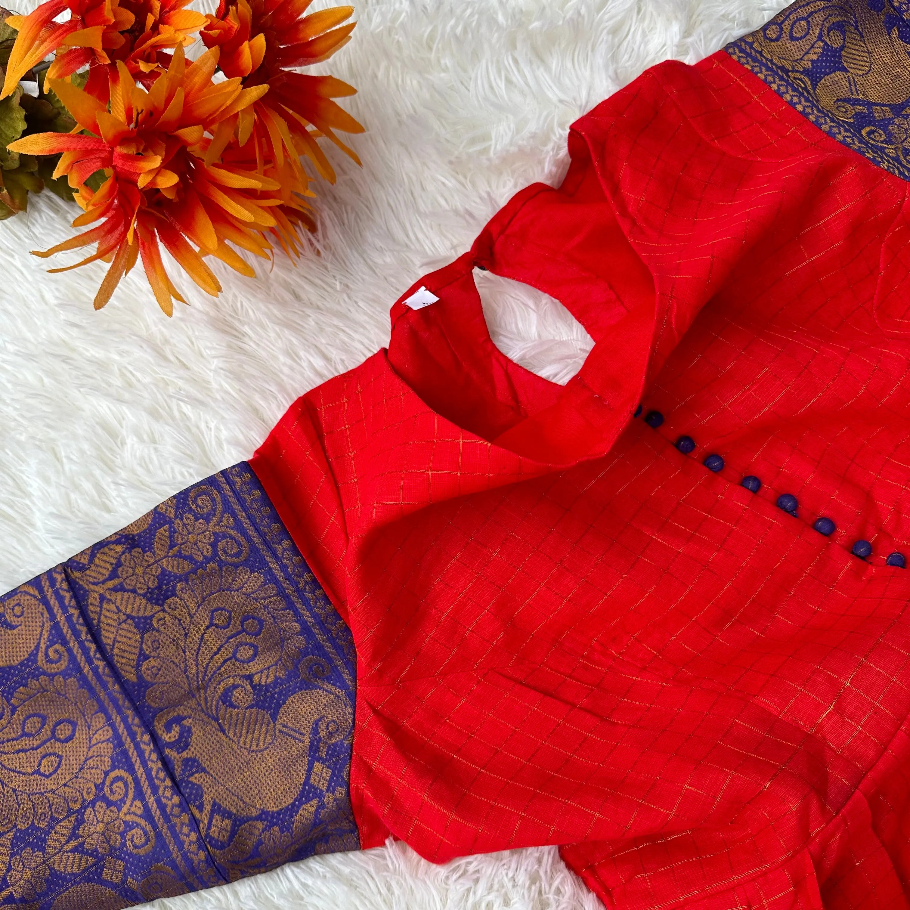Red and Blue Sungudi frock with cotton lining