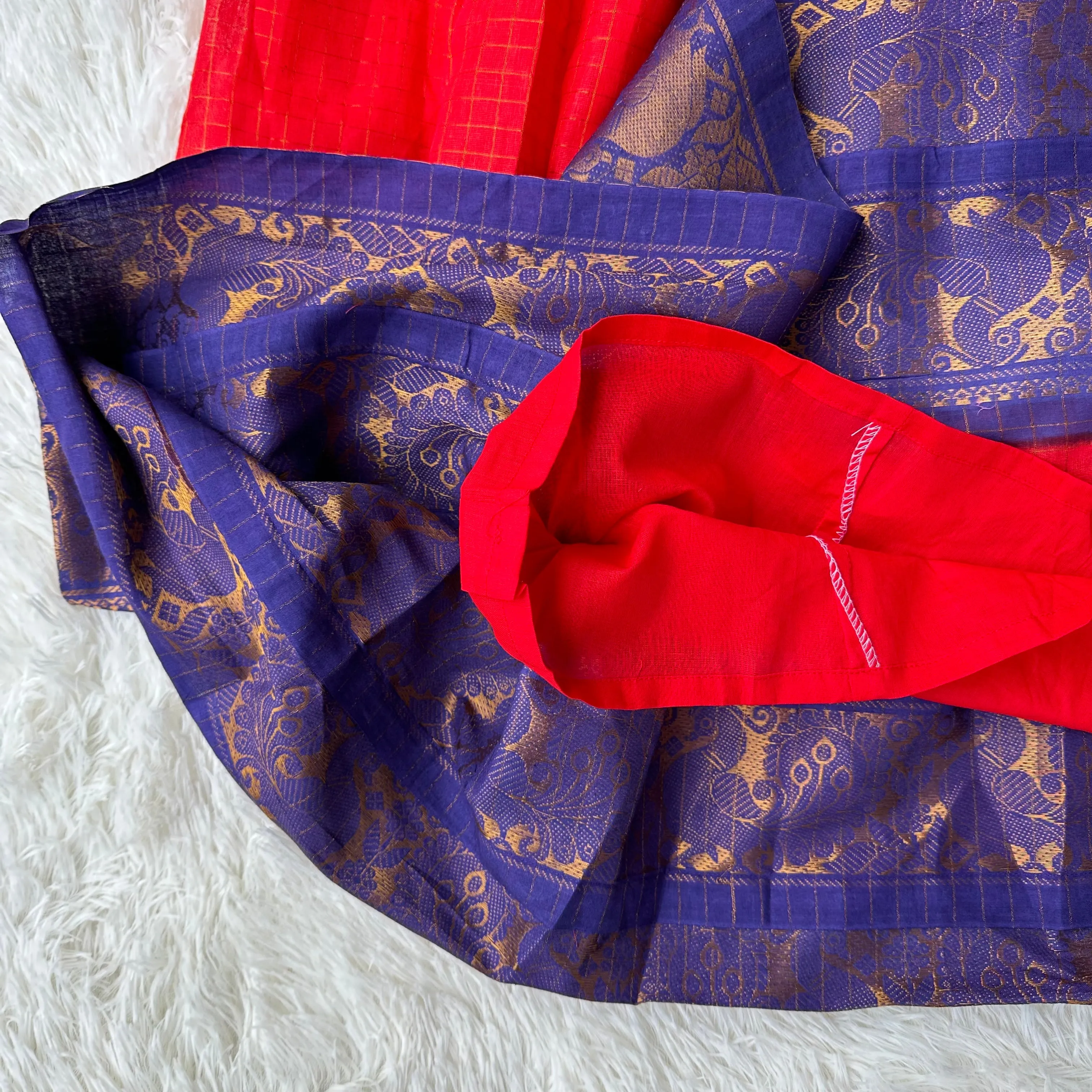 Red and Blue Sungudi frock with cotton lining