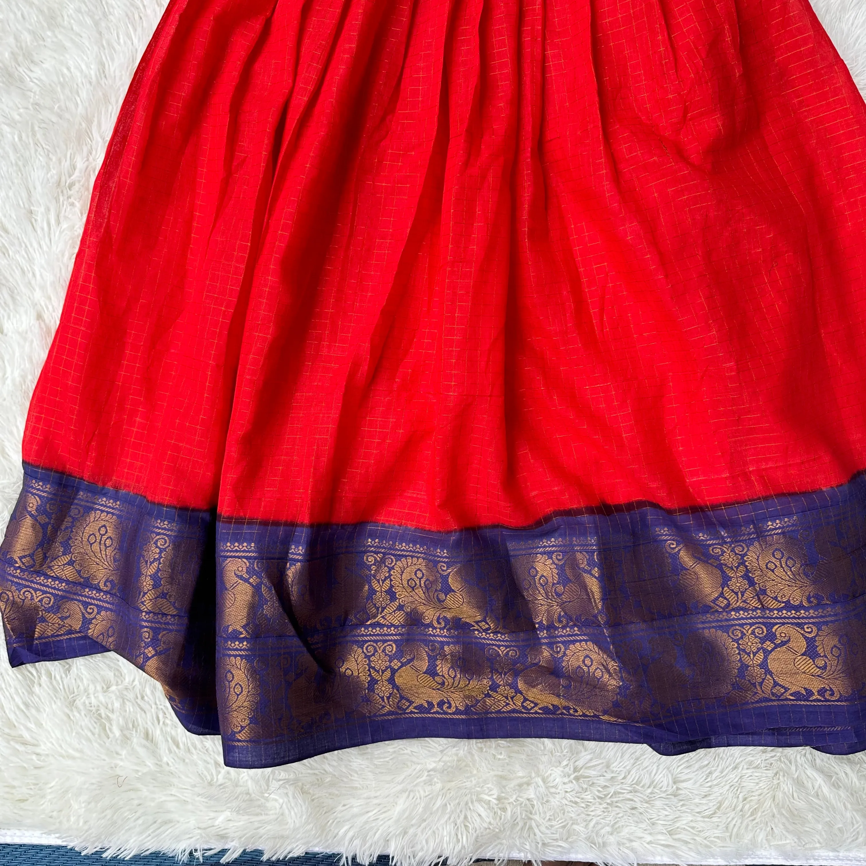 Red and Blue Sungudi frock with cotton lining