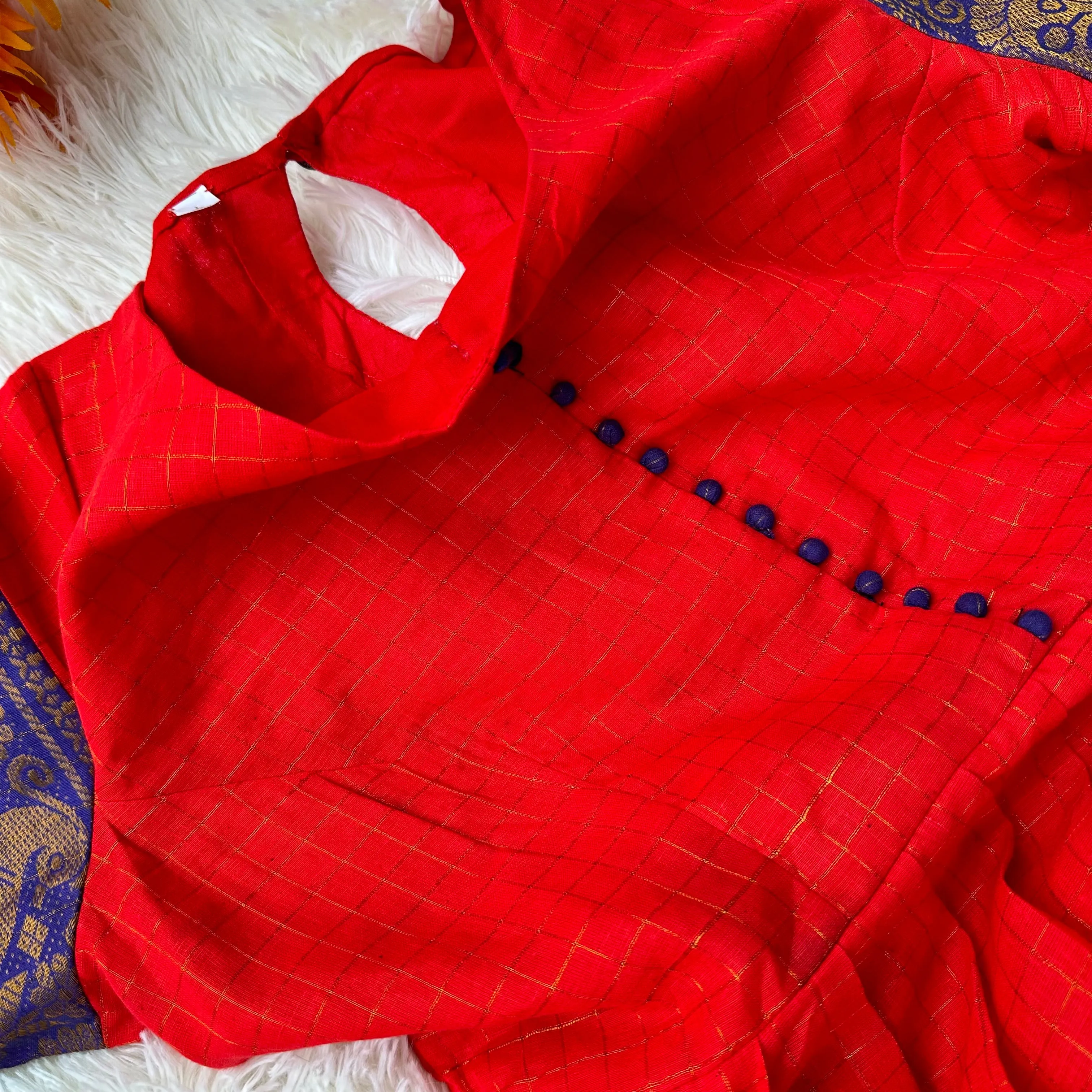 Red and Blue Sungudi frock with cotton lining