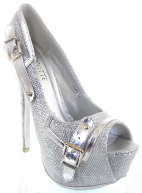 Silver Metallic Glitter Trim Peep Toe Pump Platform Sexy Women's Heels