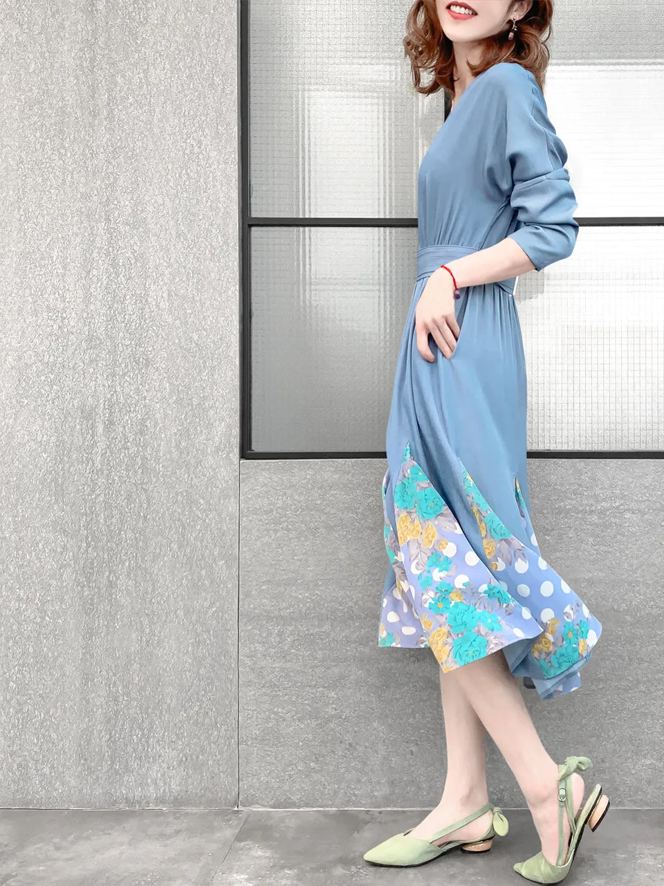 Surprise Sale! Sky Blue Patchy Print Ruffle Hem Belted Dress
