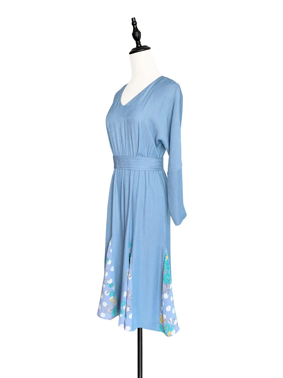 Surprise Sale! Sky Blue Patchy Print Ruffle Hem Belted Dress