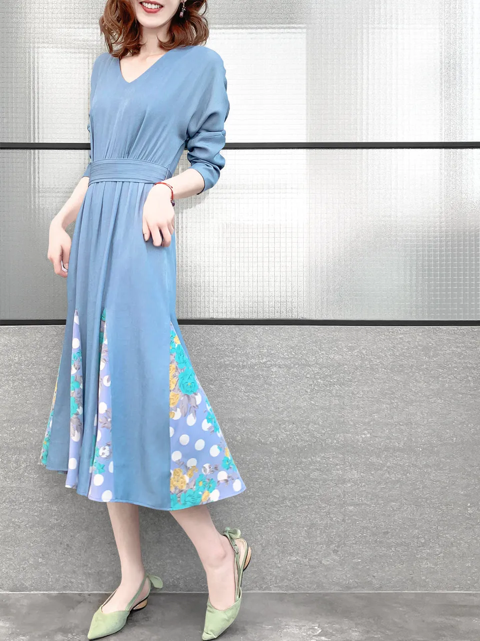 Surprise Sale! Sky Blue Patchy Print Ruffle Hem Belted Dress