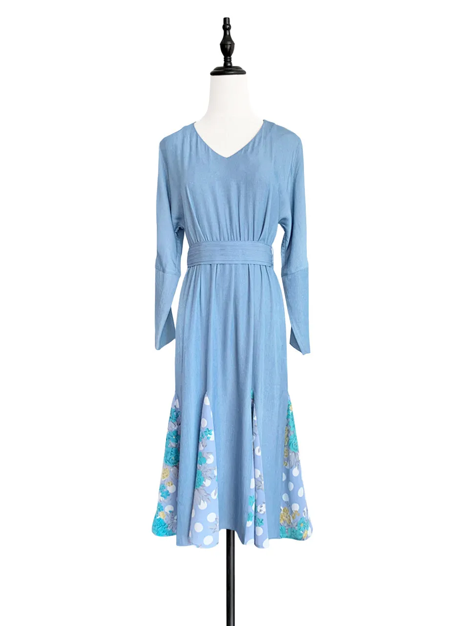 Surprise Sale! Sky Blue Patchy Print Ruffle Hem Belted Dress