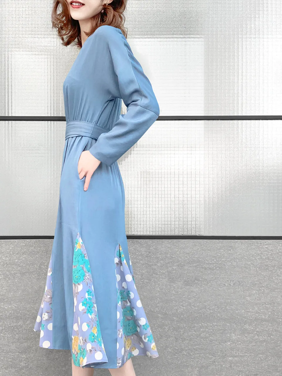 Surprise Sale! Sky Blue Patchy Print Ruffle Hem Belted Dress