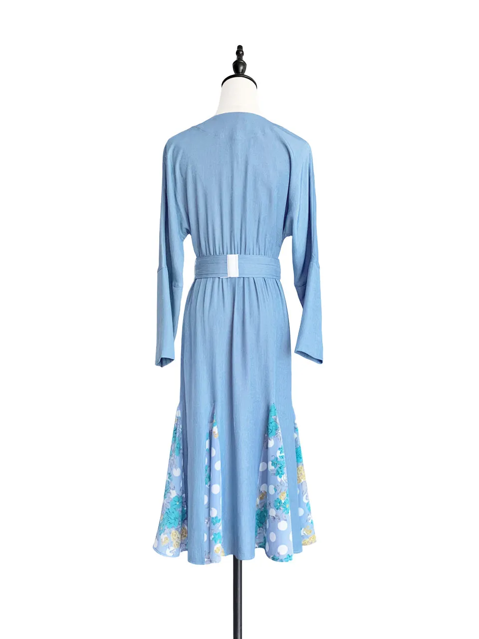 Surprise Sale! Sky Blue Patchy Print Ruffle Hem Belted Dress