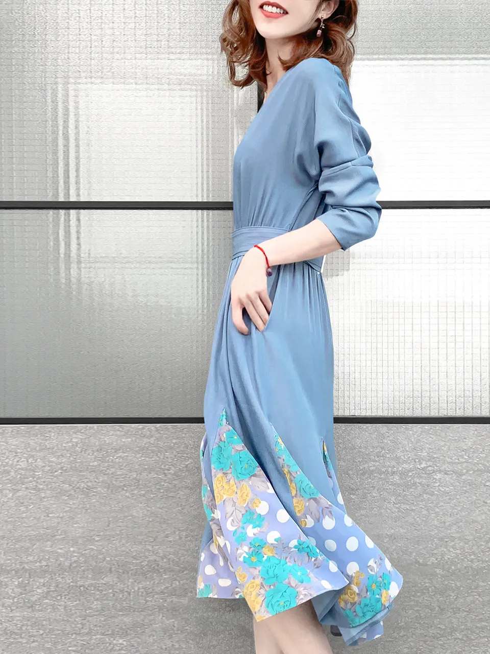 Surprise Sale! Sky Blue Patchy Print Ruffle Hem Belted Dress