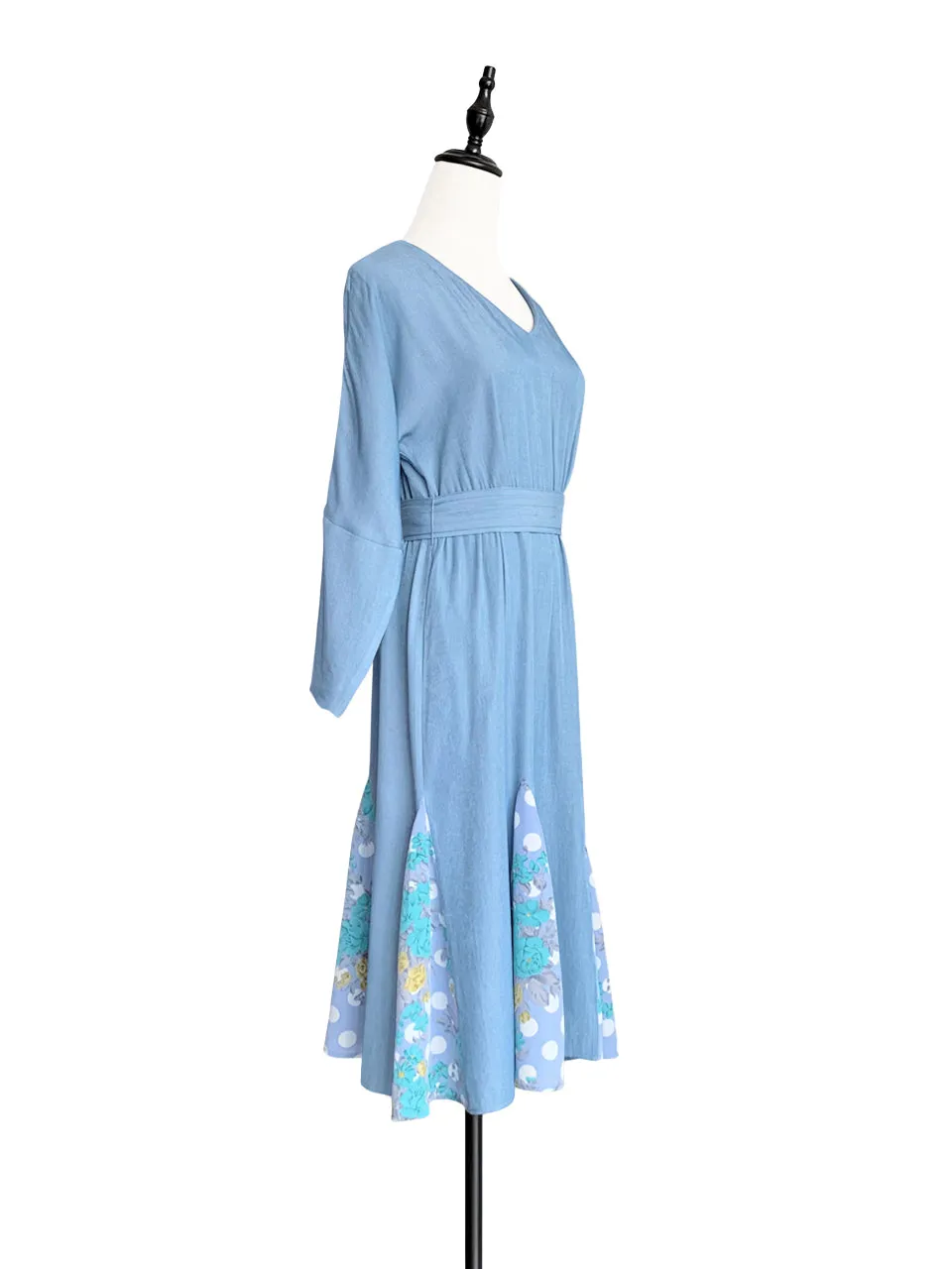 Surprise Sale! Sky Blue Patchy Print Ruffle Hem Belted Dress