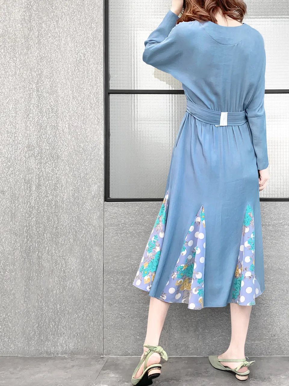 Surprise Sale! Sky Blue Patchy Print Ruffle Hem Belted Dress