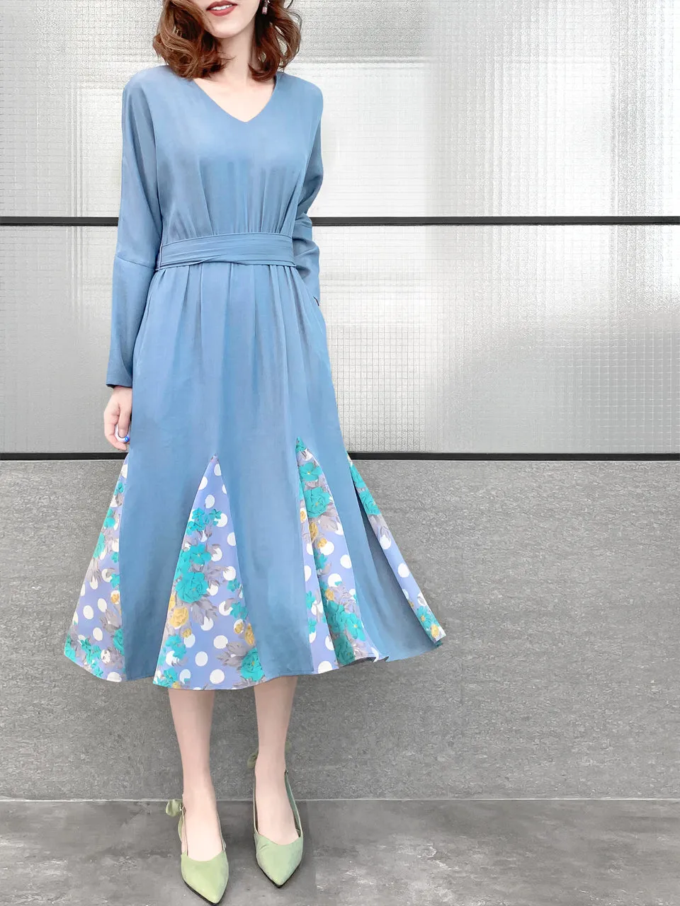 Surprise Sale! Sky Blue Patchy Print Ruffle Hem Belted Dress