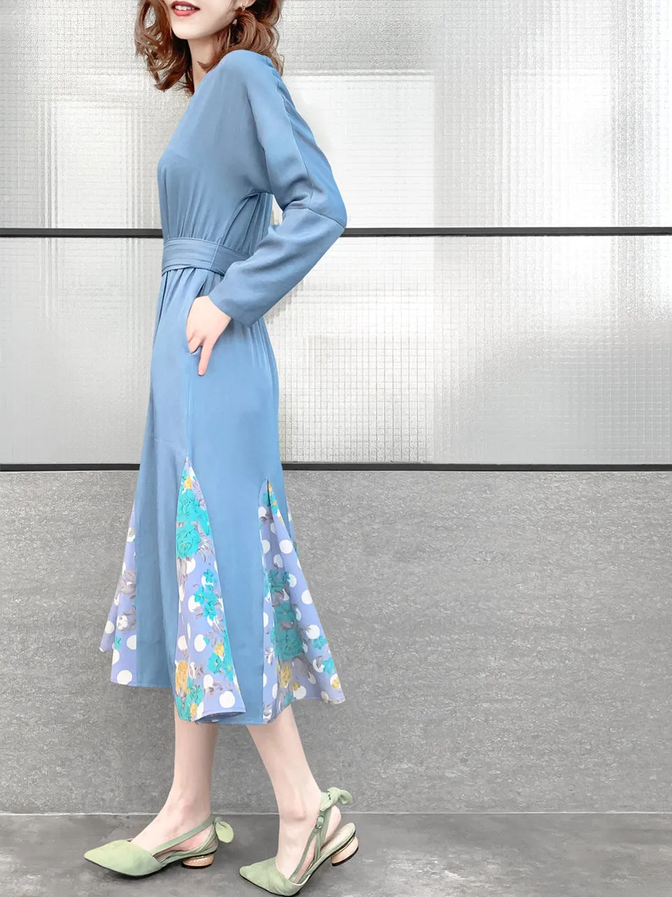 Surprise Sale! Sky Blue Patchy Print Ruffle Hem Belted Dress