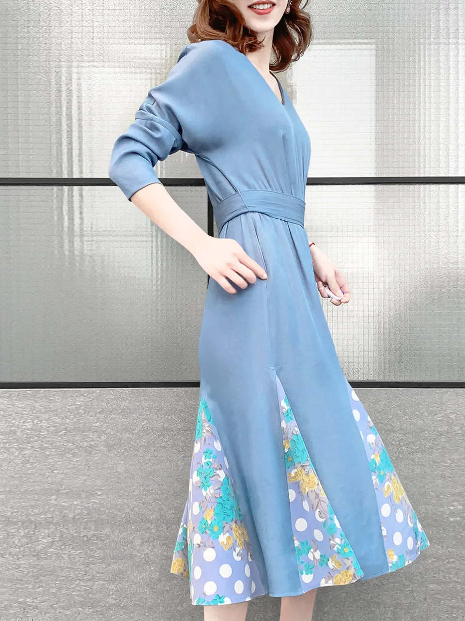 Surprise Sale! Sky Blue Patchy Print Ruffle Hem Belted Dress