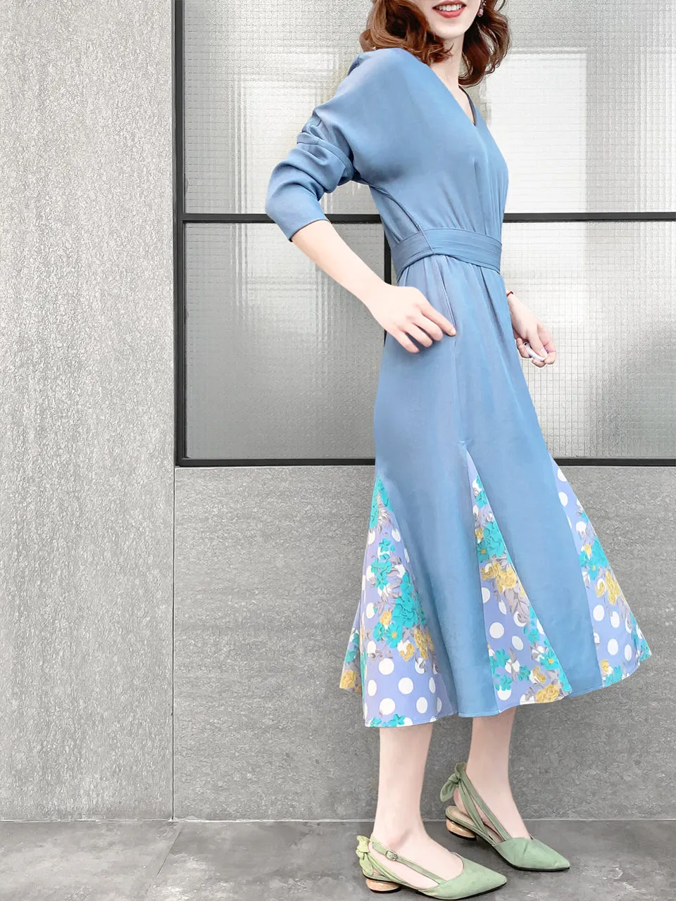 Surprise Sale! Sky Blue Patchy Print Ruffle Hem Belted Dress
