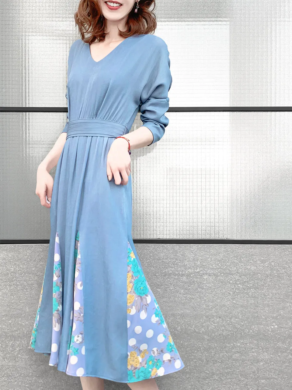 Surprise Sale! Sky Blue Patchy Print Ruffle Hem Belted Dress