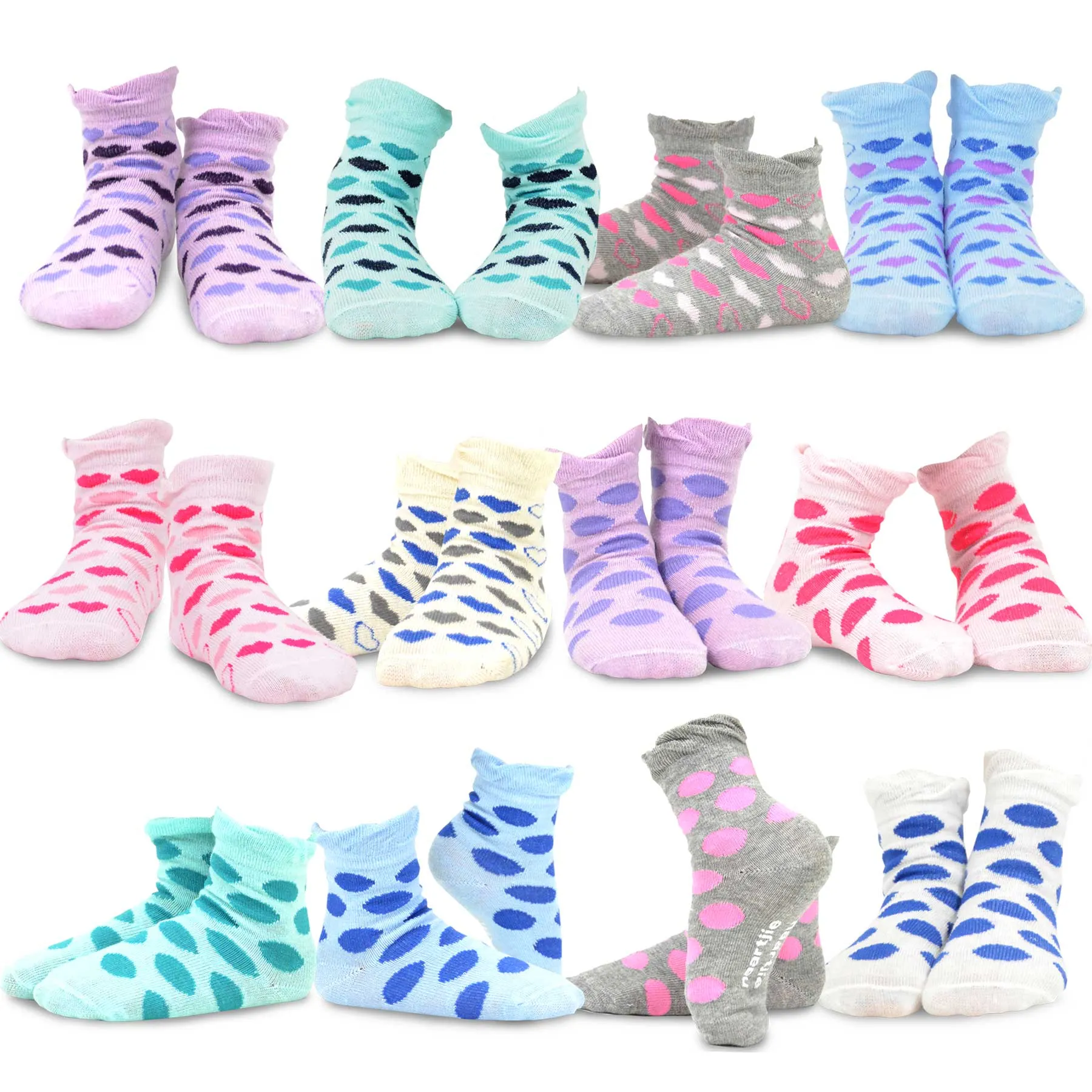 TeeHee Socks Kid's Casual Cotton Short Crew Large Dot/Hearts 12-Pack Gift Box (90010)