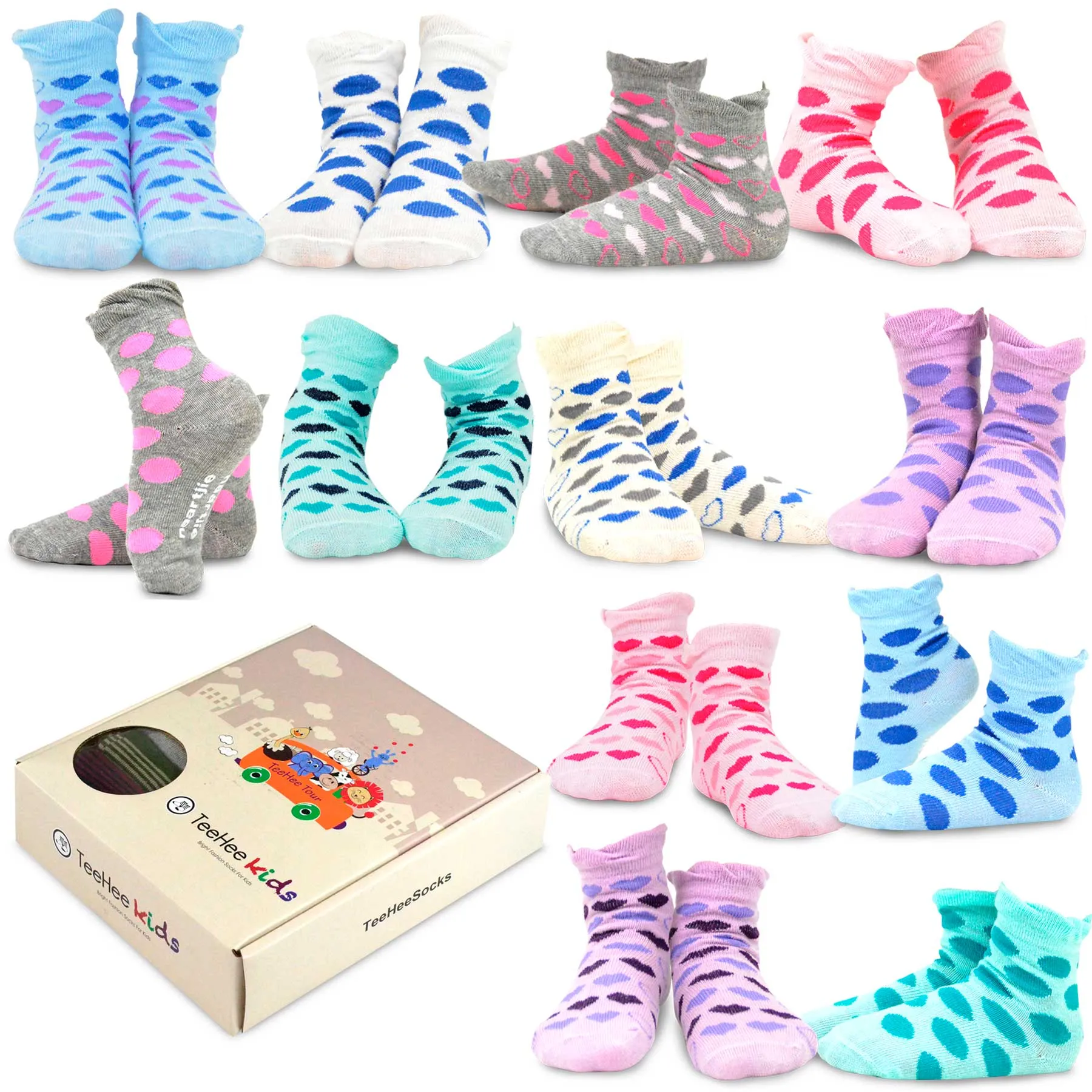 TeeHee Socks Kid's Casual Cotton Short Crew Large Dot/Hearts 12-Pack Gift Box (90010)