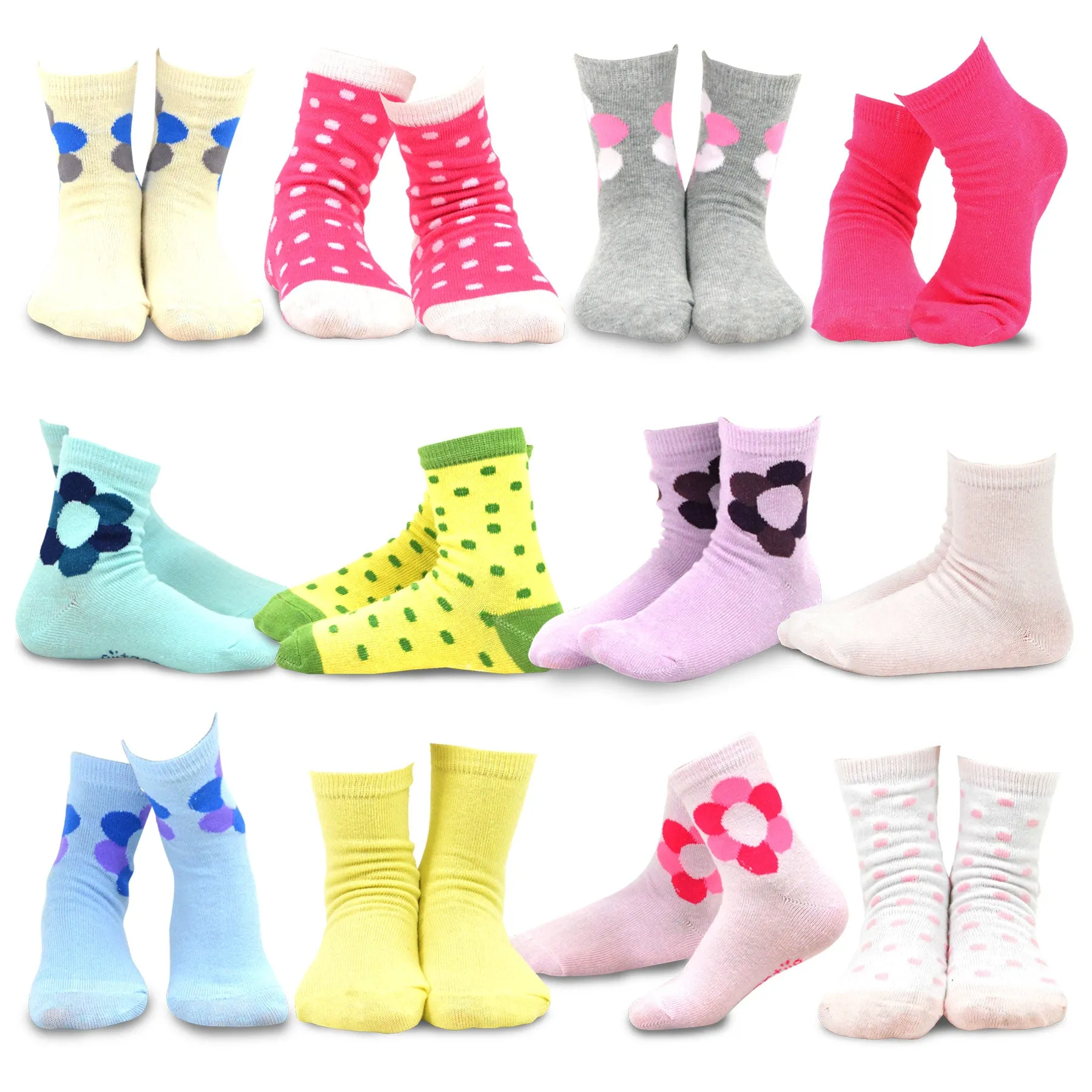 TeeHee Socks Kid's Casual Cotton Short Crew Polka Dots/Flower 12-Pack Gift Box (70037B)