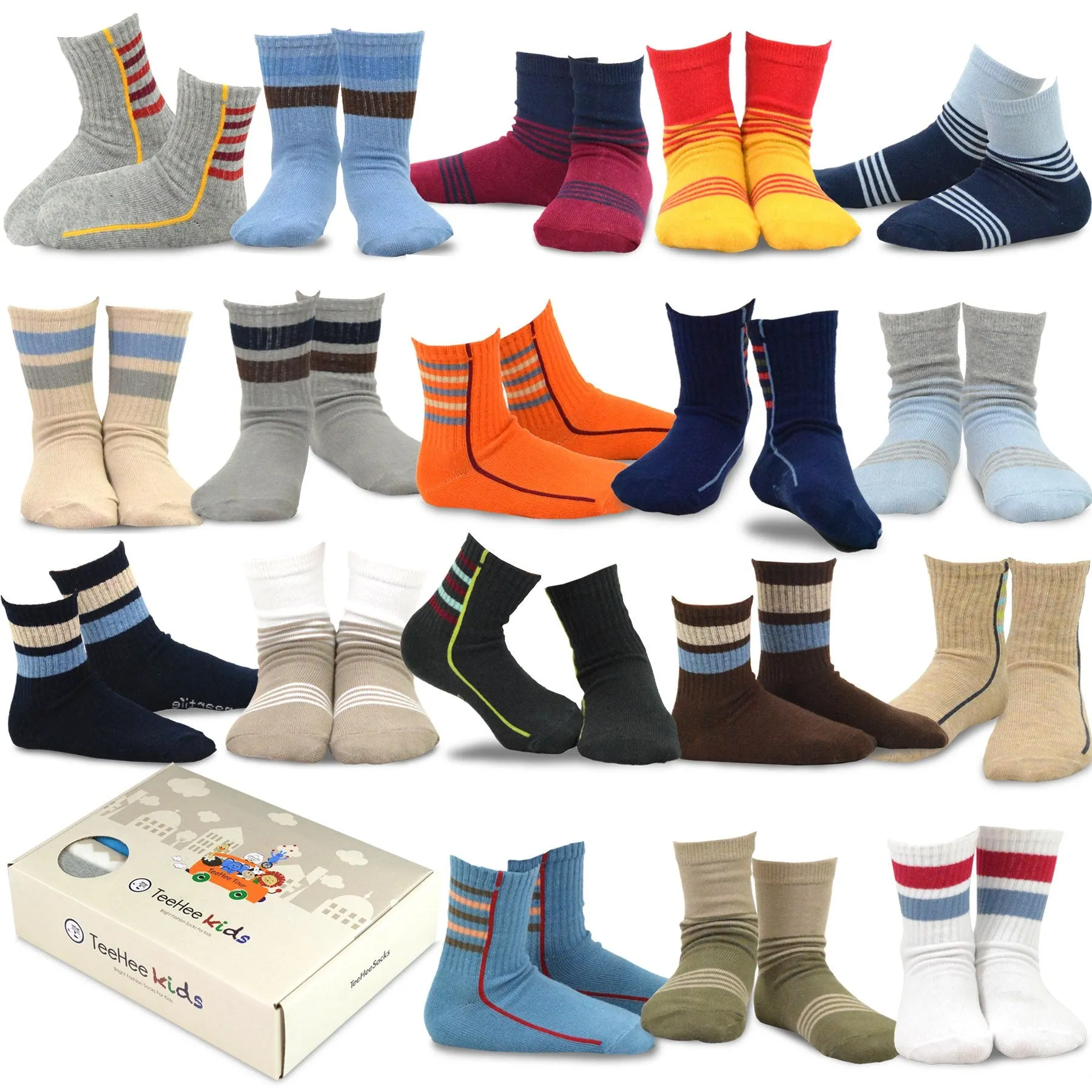 TeeHee Socks Kid's Casual Cotton Short Crew Sports Stripe 18-Pack Gift Box (70947)