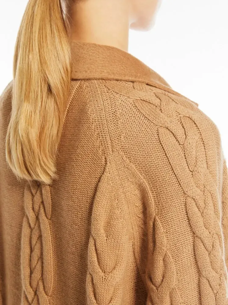 Women’s Double-Breasted Knit Pea Coat Jacket in Camel