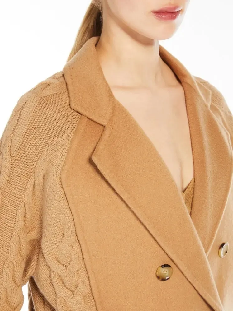 Women’s Double-Breasted Knit Pea Coat Jacket in Camel