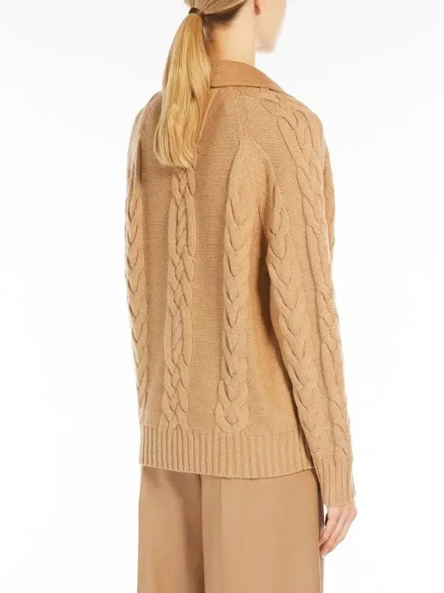 Women’s Double-Breasted Knit Pea Coat Jacket in Camel