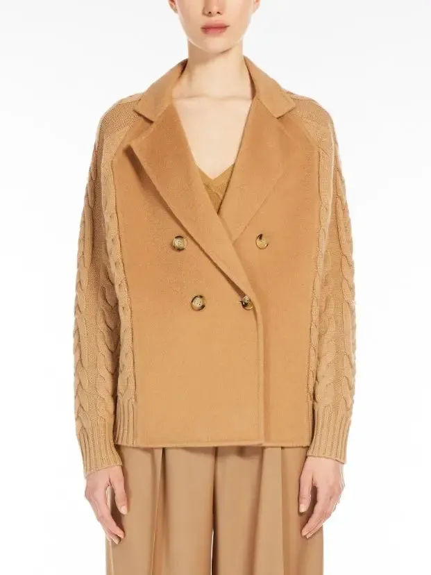 Women’s Double-Breasted Knit Pea Coat Jacket in Camel