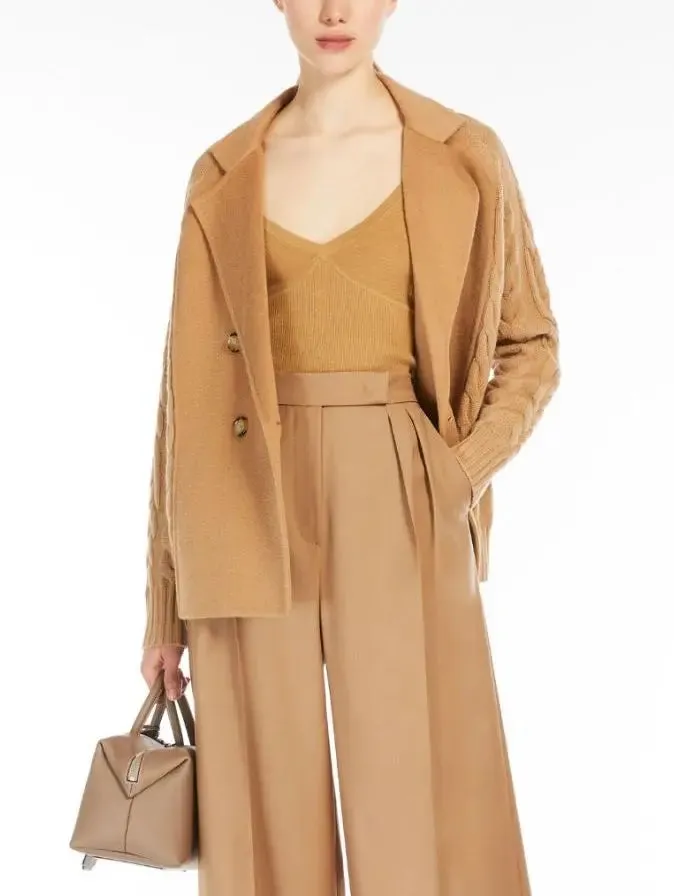Women’s Double-Breasted Knit Pea Coat Jacket in Camel