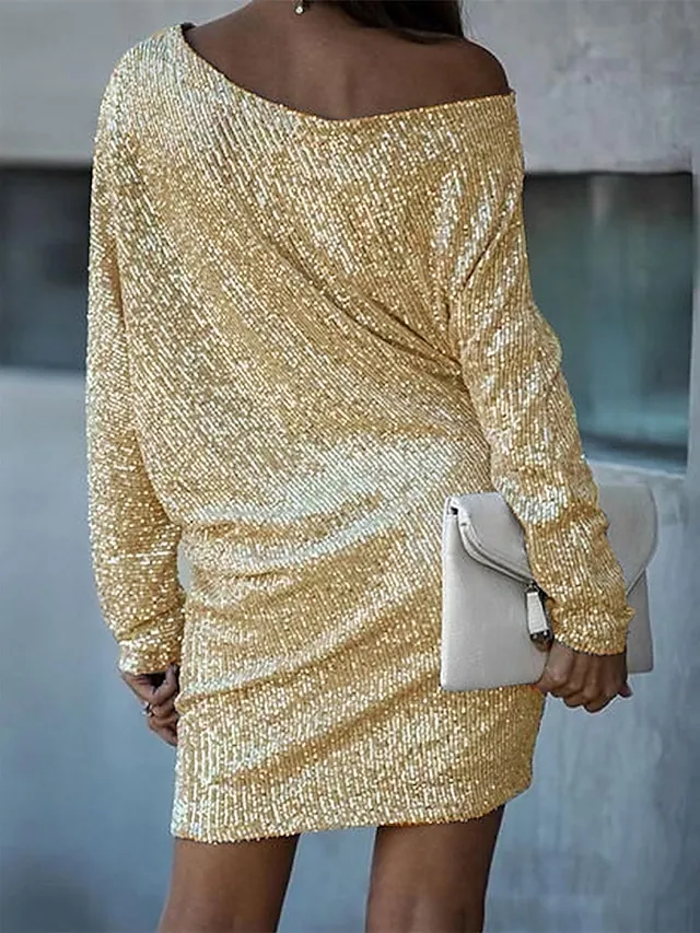 Women's Party Dress Sequin Dress Holiday Dress Shift Dress Short Mini Dress White Black Gold Long Sleeve Pure Color Sequins Fall Spring One Shoulder Stylish Hot Party Loose 2023