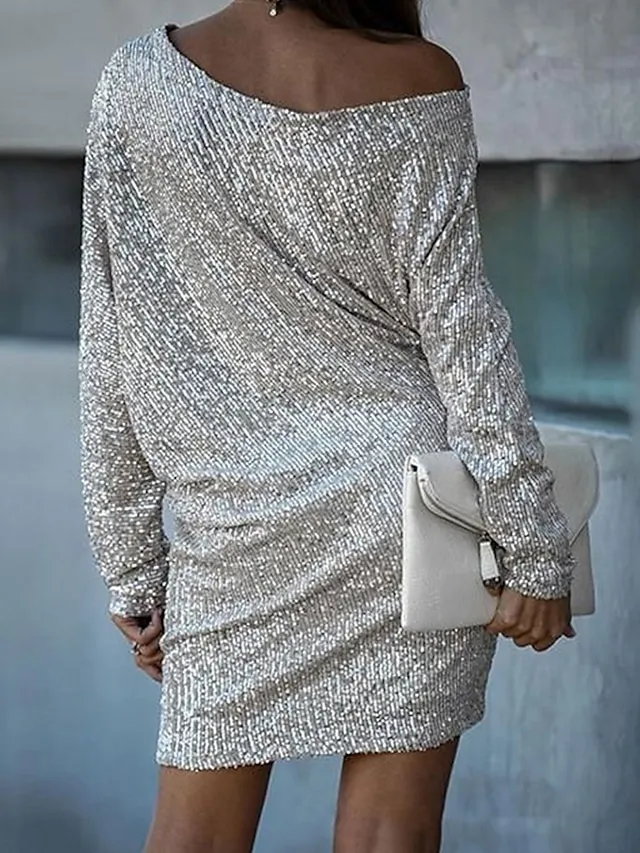 Women's Party Dress Sequin Dress Holiday Dress Shift Dress Short Mini Dress White Black Gold Long Sleeve Pure Color Sequins Fall Spring One Shoulder Stylish Hot Party Loose 2023