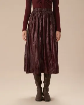Women's Wine Red Elastic Waist Ruched Midi Skirt